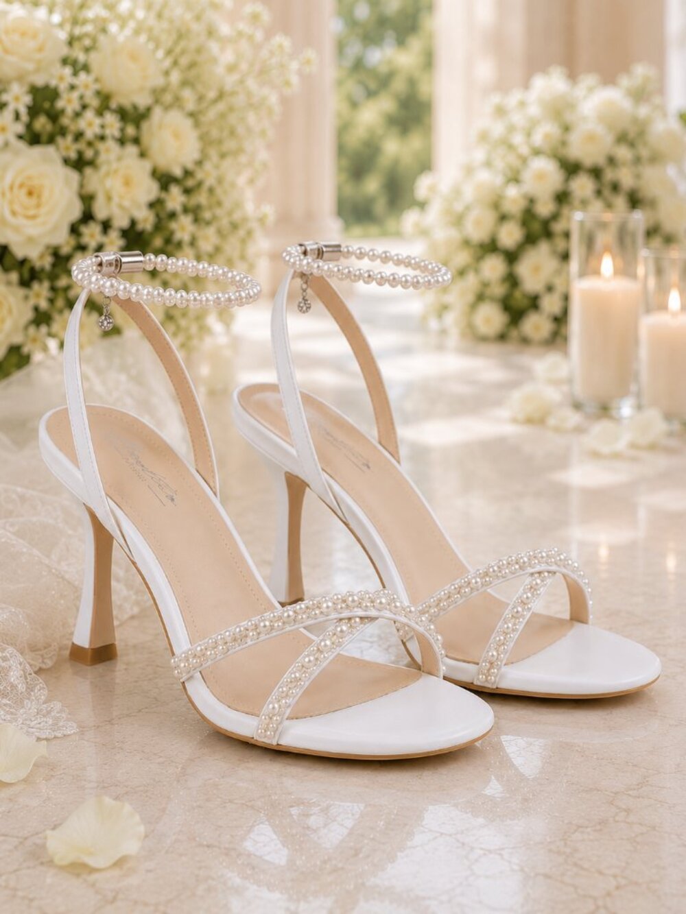 Pearl Wedding Heels 3.93” Strappy Bridal Sandals White Open Toe Elegant Bride Sh
